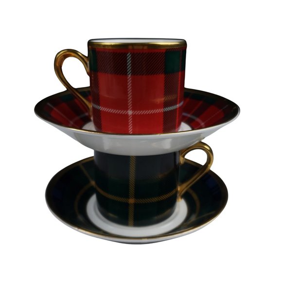Fox Tartan Plaid Green Red Demitasse Cup Saucer Sets English Bone China Fraser - Picture 9 of 11